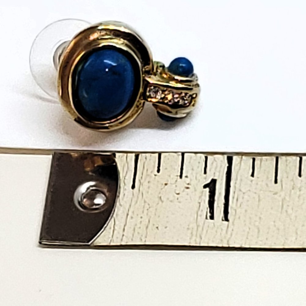 Vintage Blue Bead Rhinestone Dangle Drop Gold Tone Earrings Pierced Round - Picture 9 of 9